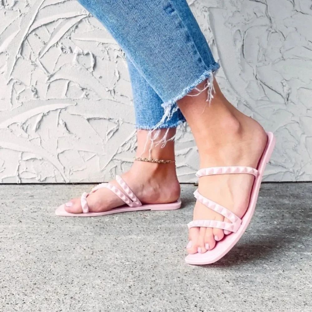 BRAND NEW WILD DIVA JELLY TRIPLE STRAP STUDDED SLIP-ON WOMEN"S SANDAL